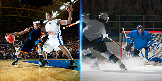 Image of basketball players and hockey players